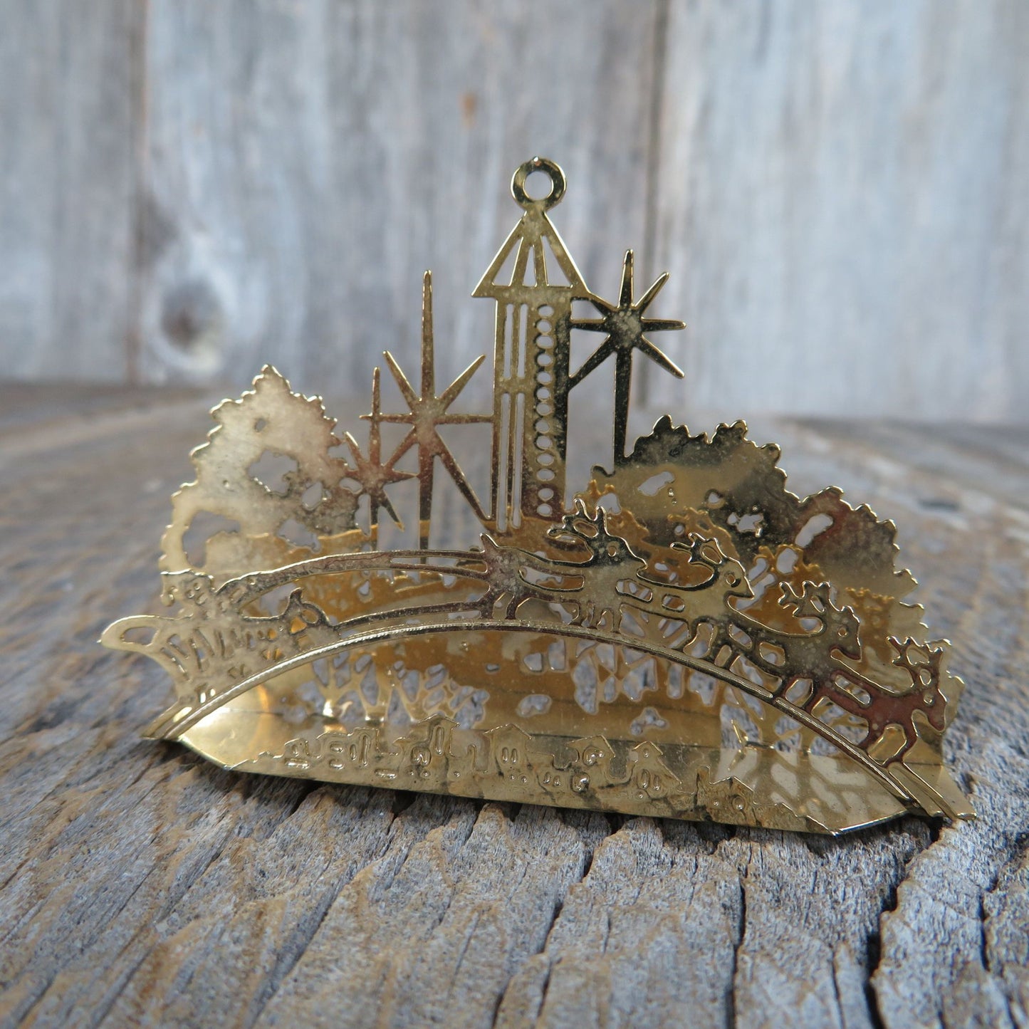 Vintage Santa Claus Sleigh Ride Ornament Brass Gold Skyline Scene