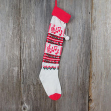 Load image into Gallery viewer, Vintage Jingle Bells  Knit Stocking Christmas Musical Notes Red Green White Pom Pom