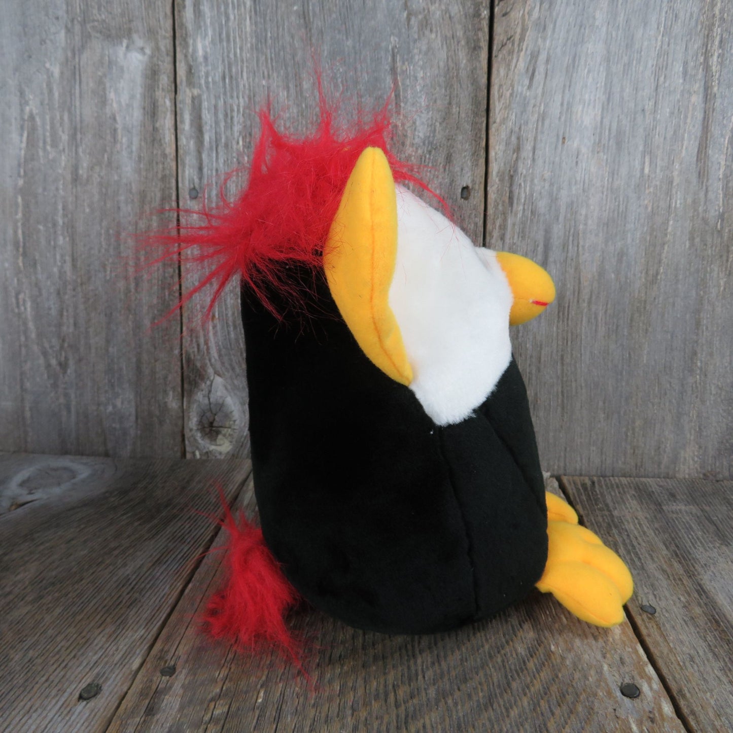 Bird Troll Stuffed Animal King Plush Yellow Ears Beak Feet Red Hair Tail Black White Vintage