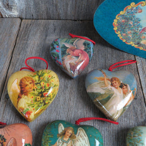 Vintage Heart Shaped Victorian Angel Ornament Set Paper Mache Decoupage Boxed Blue Heart Christmas