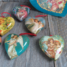 Load image into Gallery viewer, Vintage Heart Shaped Victorian Angel Ornament Set Paper Mache Decoupage Boxed Blue Heart Christmas