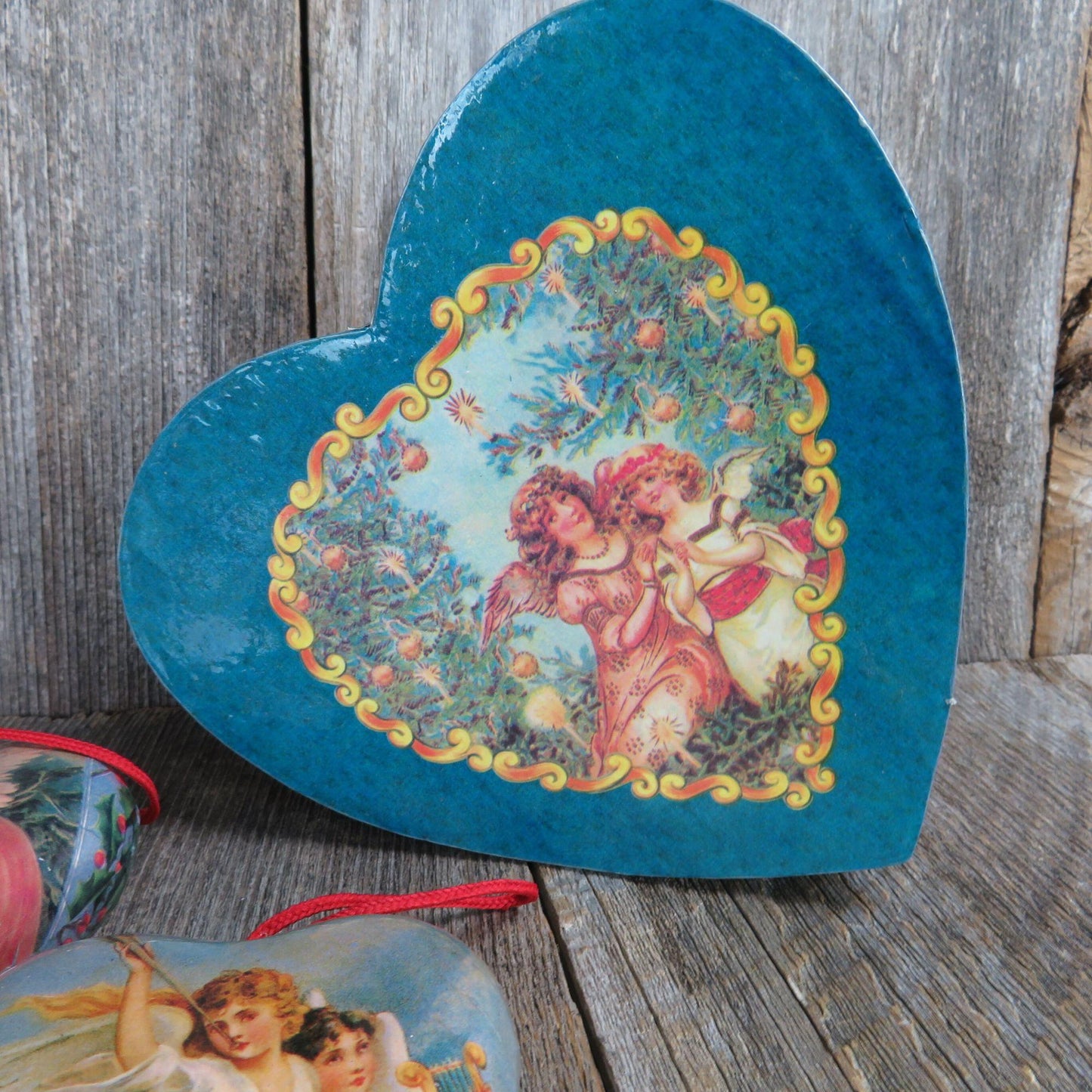 Vintage Heart Shaped Victorian Angel Ornament Set Paper Mache Decoupage Boxed Blue Heart Christmas