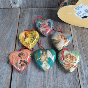 Vintage Heart Shaped Victorian Angel Ornament Set Paper Mache Decoupage Boxed Blue Heart Christmas