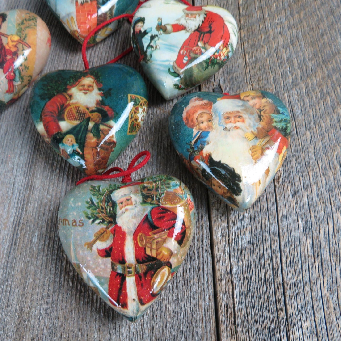 Vintage Heart Shaped Paper Mache Ornament Set Victorian Santa Claus Heart Boxed Decoupage Christmas