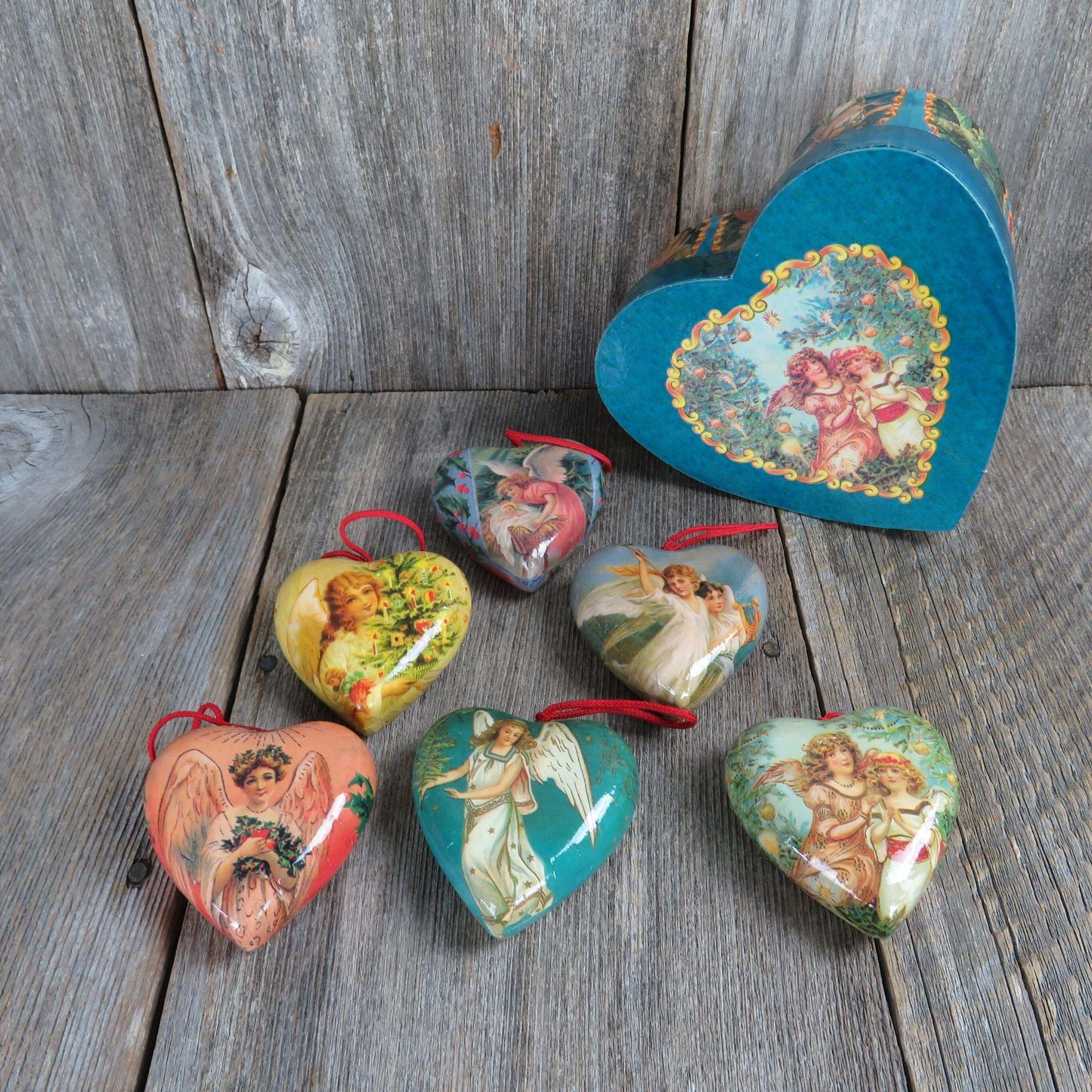 Vintage Heart Shaped Victorian Angel Ornament Set Paper Mache Decoupage Boxed Blue Heart Christmas