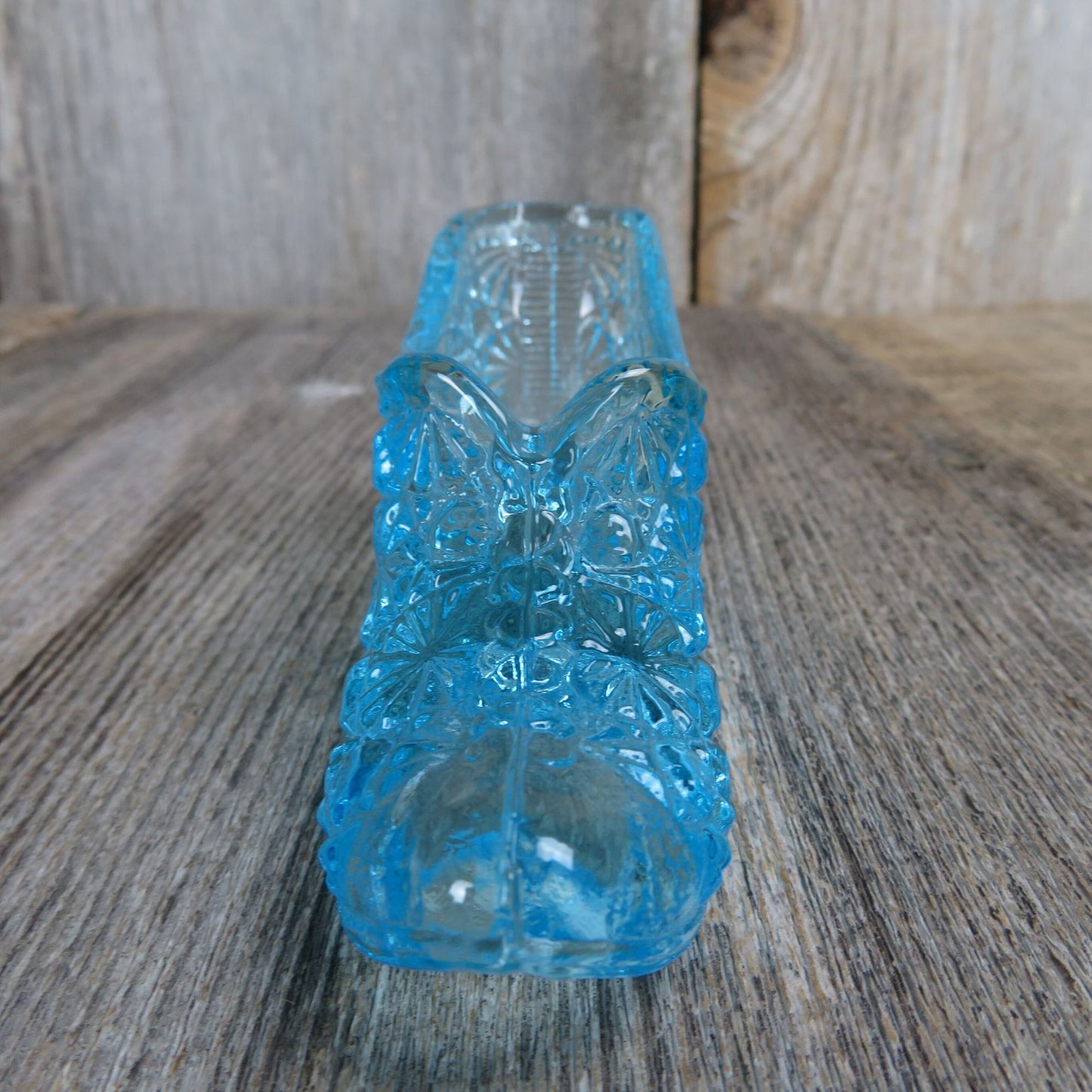 Vintage Blue Glass Slipper Vase Figurine Shoe Shaped Starburst Embossed Teal Colored Dish
