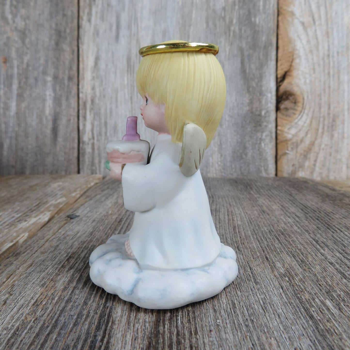 First Birthday Angel with Cake Figurine 1st Year Cake Topper Child One Year Blonde Made in Tiawan