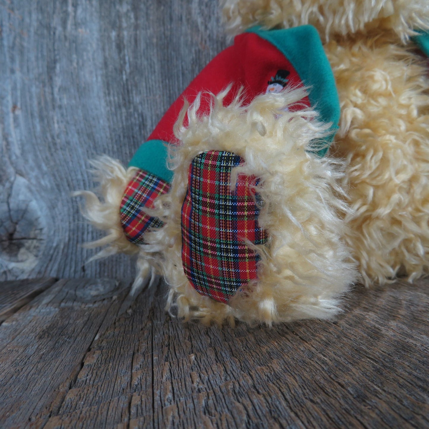 Vintage Teddy Bear Plush Red Sweater Hallmark Plaid Bow Curly Hair Stuffed Animal Christmas Holiday