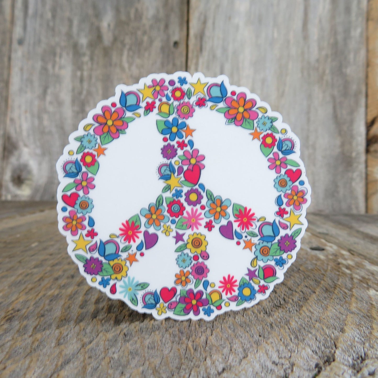 Peace Sign Sticker Flowers White Waterproof Color BoHo 70s Style Hippie Water Bottle Laptop