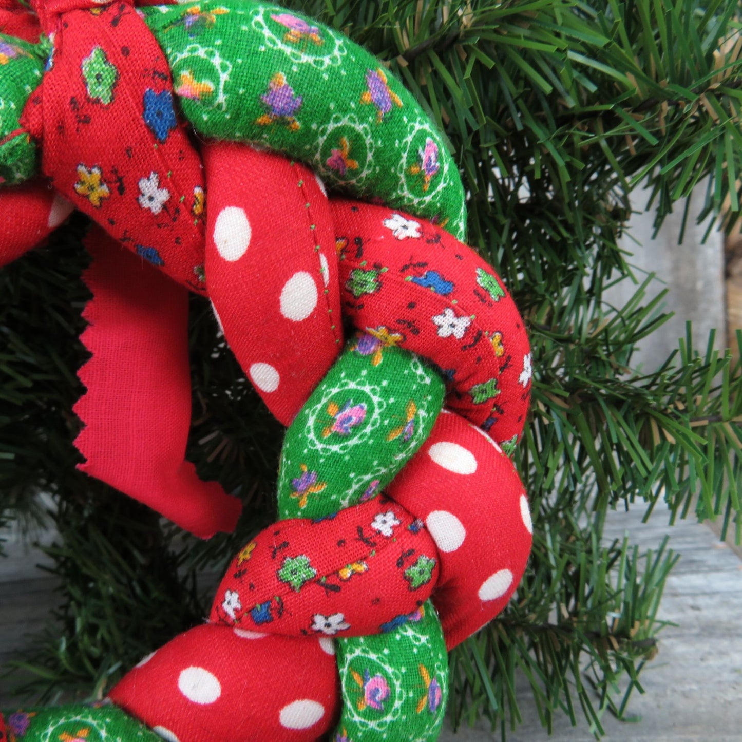 Vintage Fabric Christmas Wreath Ornament Twisted Handmade Red Green Santa Flowers