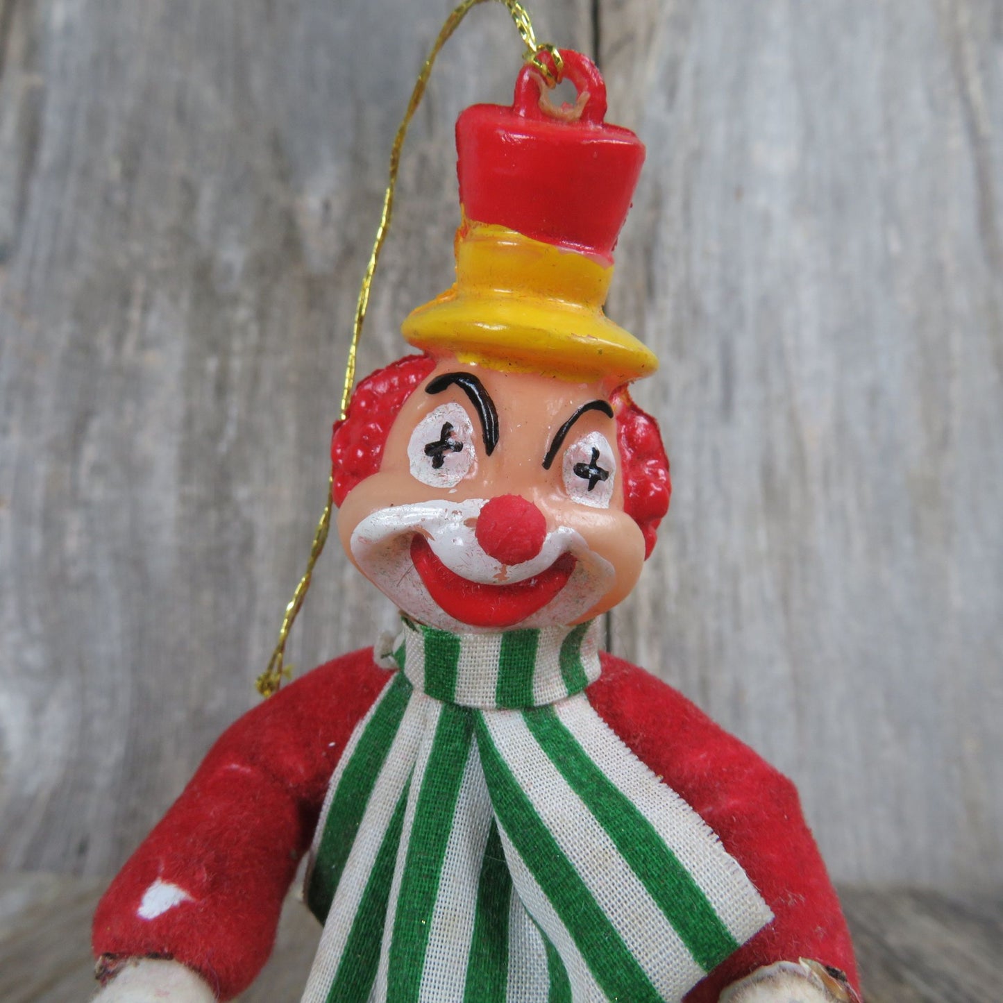 Vintage Flocked Clown Ornament Christmas Red Plastic Green