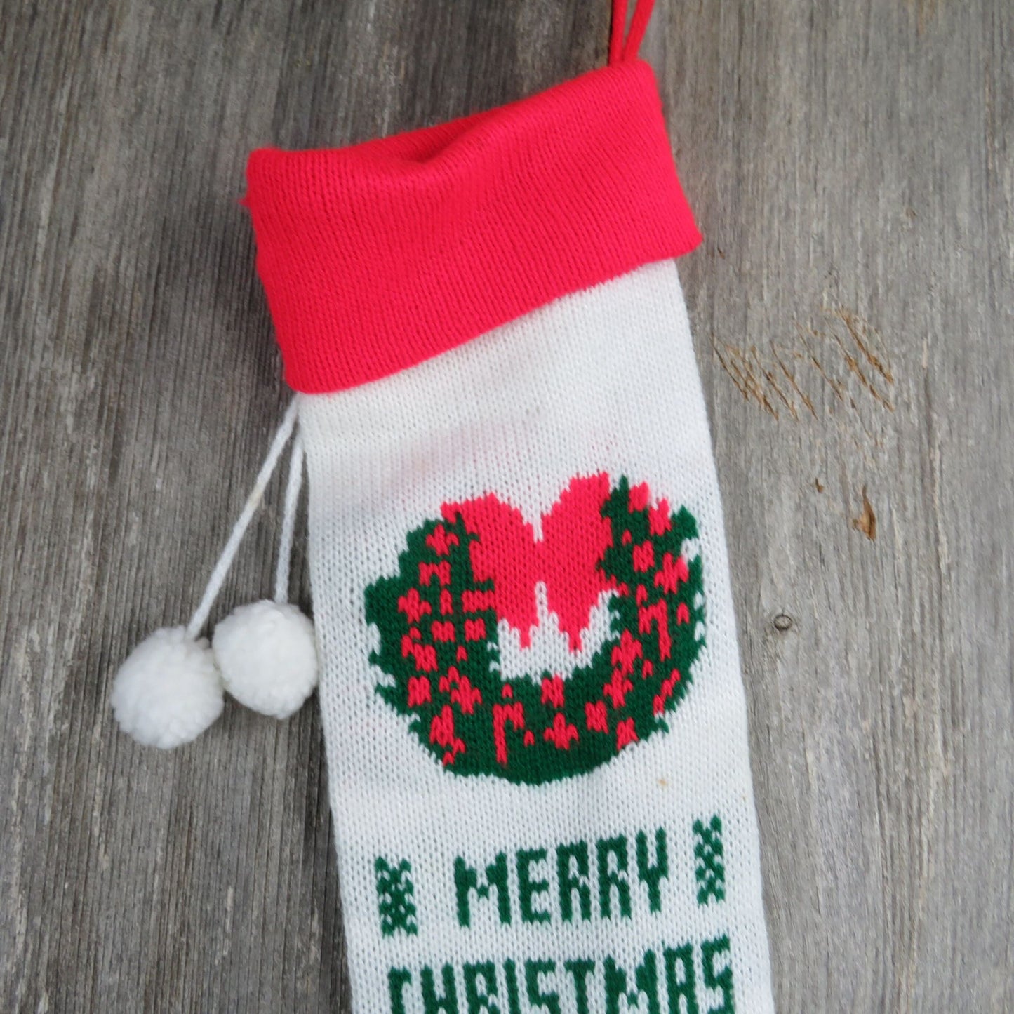 Vintage White Wreath Design Knit Stocking Tree Knitted White Green Red Christmas Pom Pom ST341