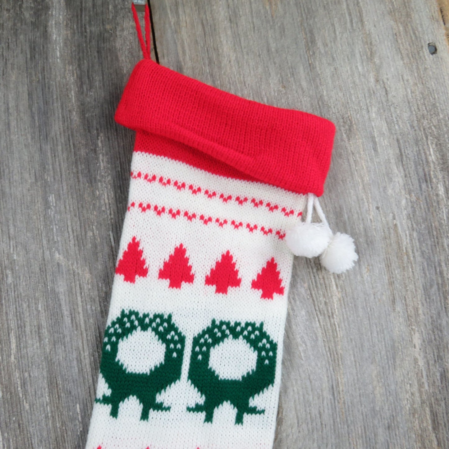 Vintage Wreath Design Knit Stocking Tree Knitted White Green Red Christmas Pom Pom