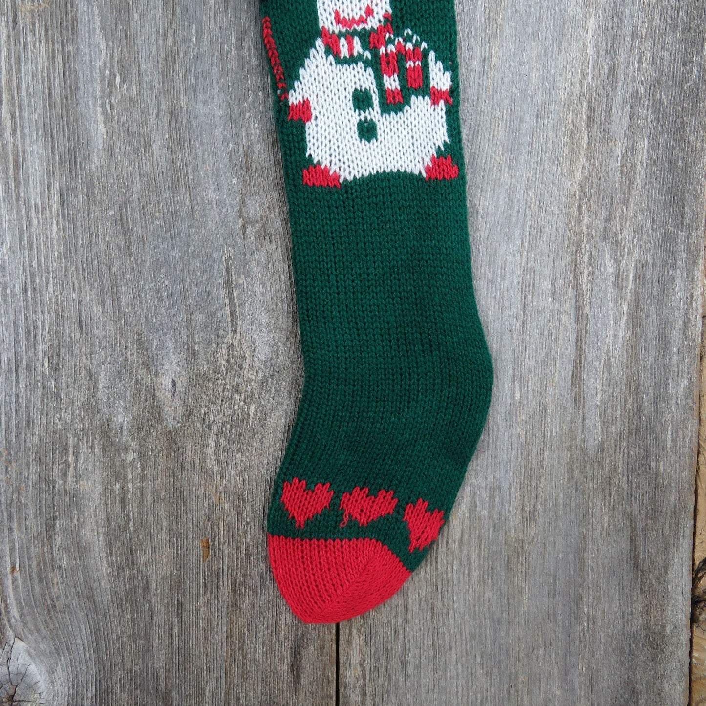 Vintage Chunky Knit Snowman Stocking Christmas Green Red Hearts