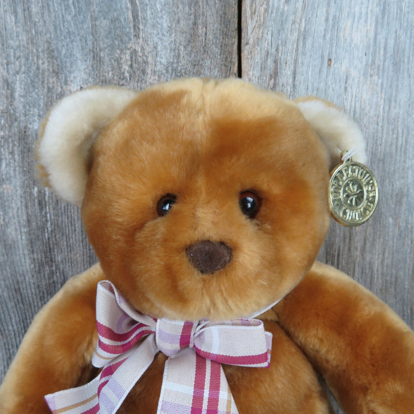 Teddy Bear Plush Shiny Fur Stuffed Animal Flocked Nose Red White Plaid Bow Vintage