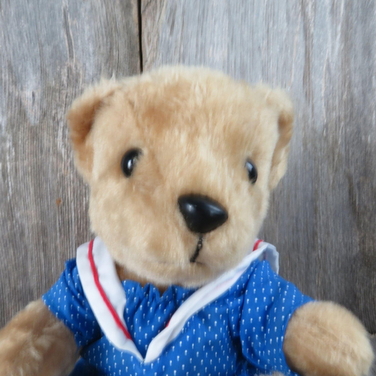 Vintage Teddy Bear Plush Blue Polka Dot Sailor Dress Stuffed Animal