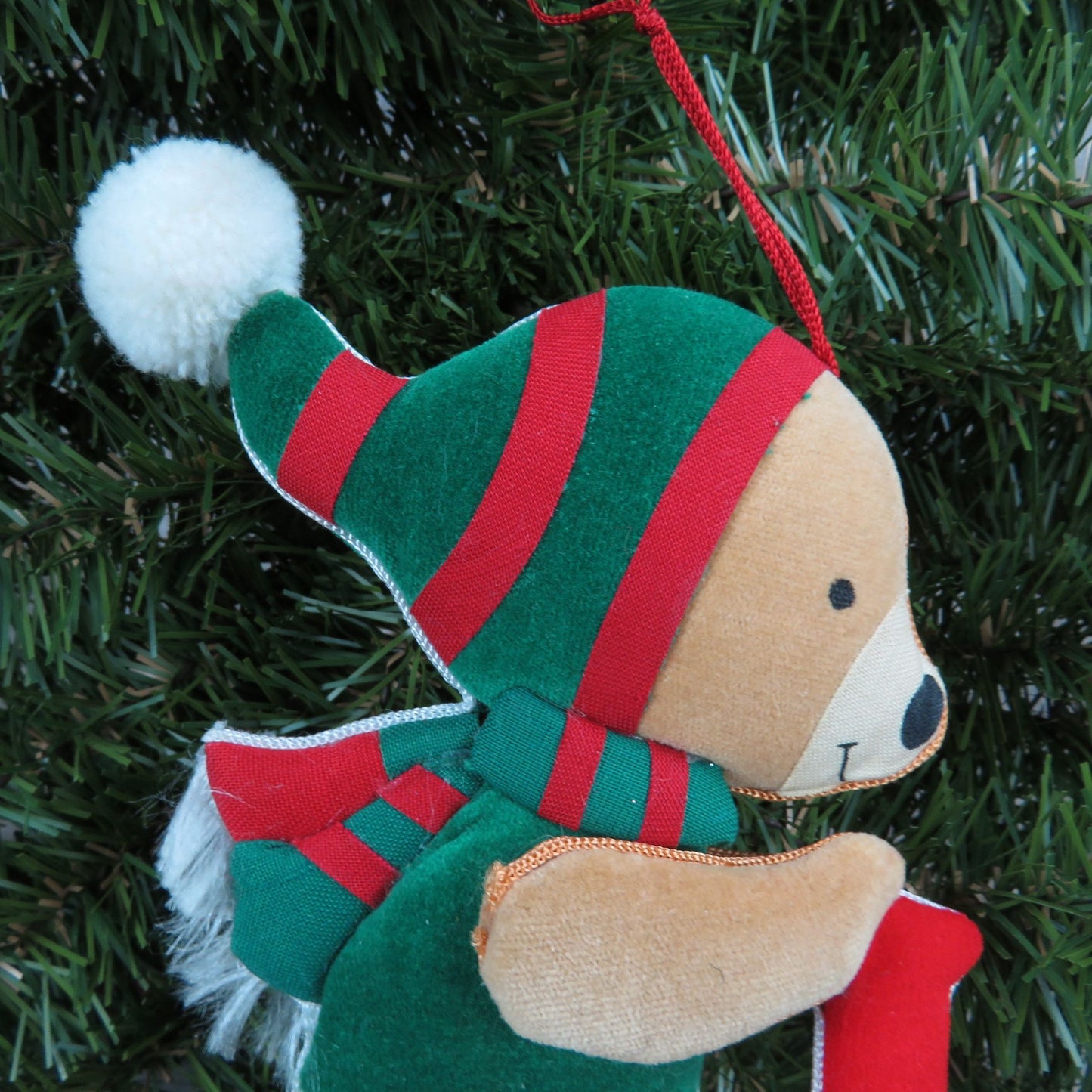 Vintage Bear on Bike Plush Ornament Velveteen Christmas Fabric Red Green Stuffed Animal
