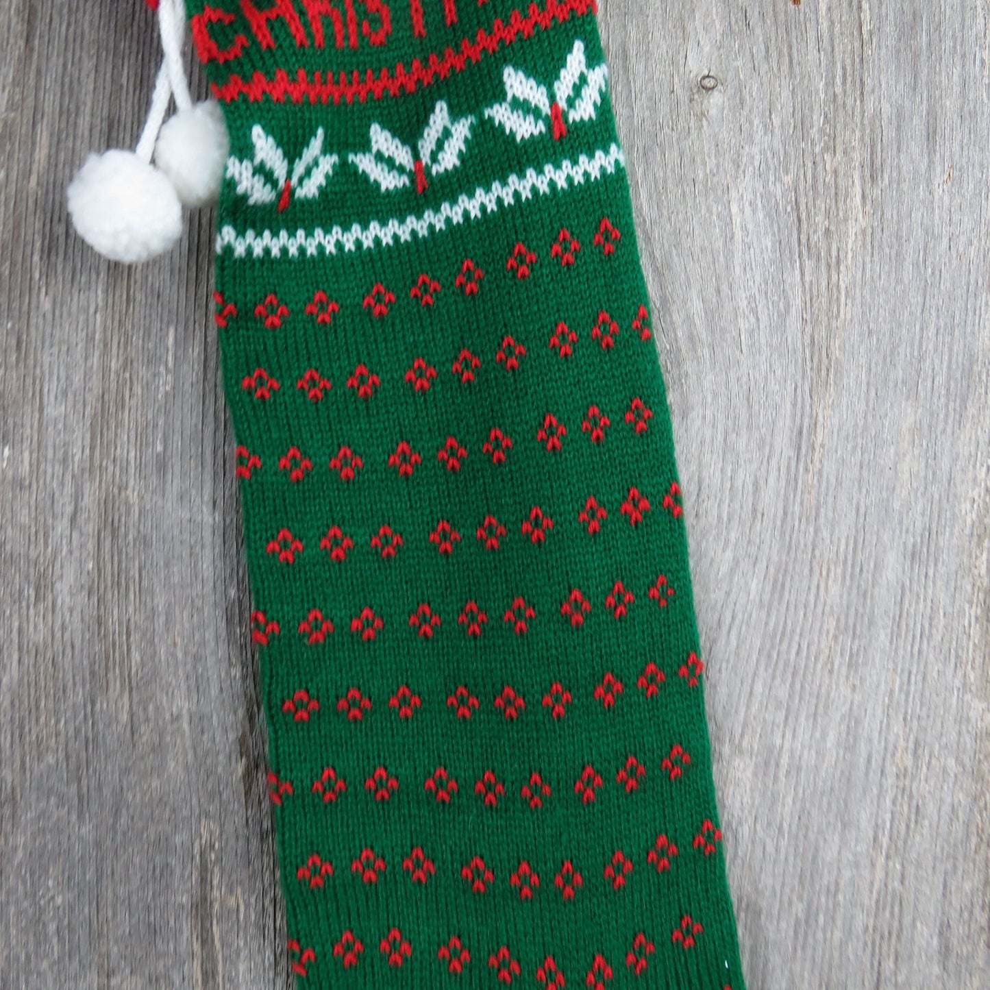 Vintage Merry Christmas Green Knit Stocking Knitted White Red Christmas Pom Pom ST343