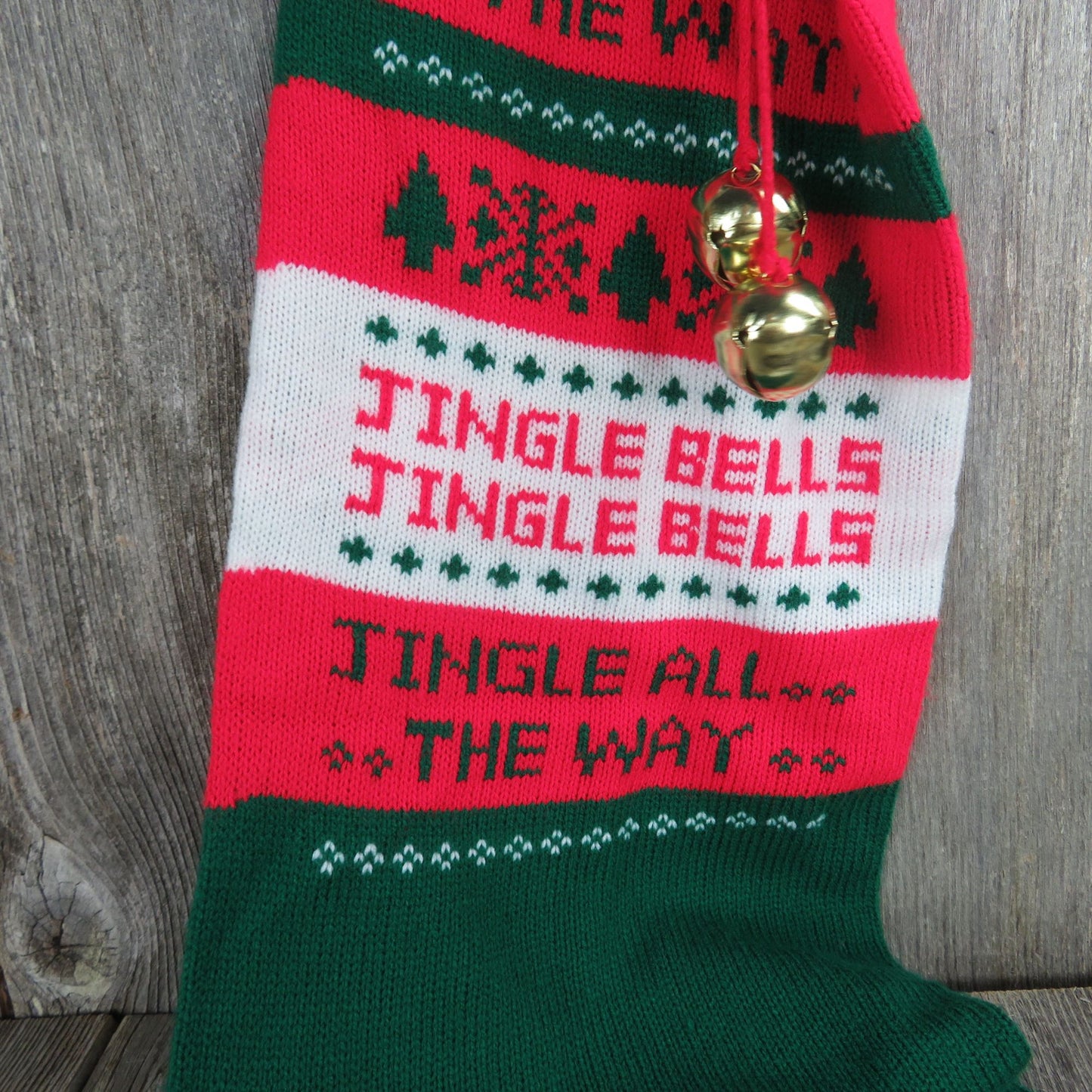 Vintage Jingle Bells Knit Stocking Extra Large Striped Jingle All The Way Huge Red Green St377