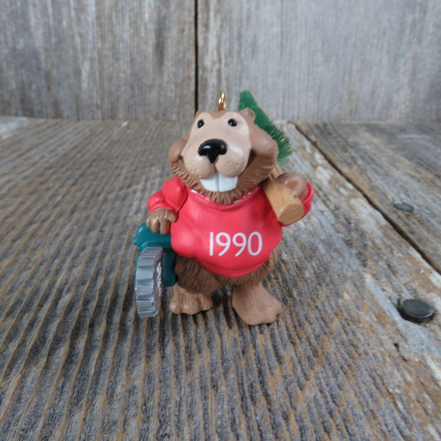 Vintage Beaver Happy Woodcutter Ornament Chainsaw Bottle Brush Tree Hallmark 1990