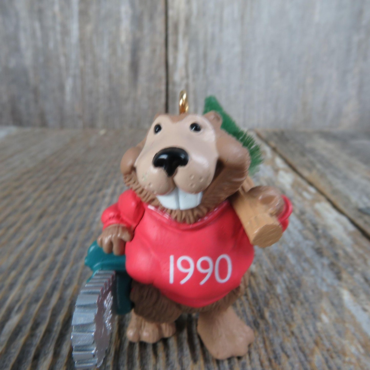 Vintage Beaver Happy Woodcutter Ornament Chainsaw Bottle Brush Tree Hallmark 1990