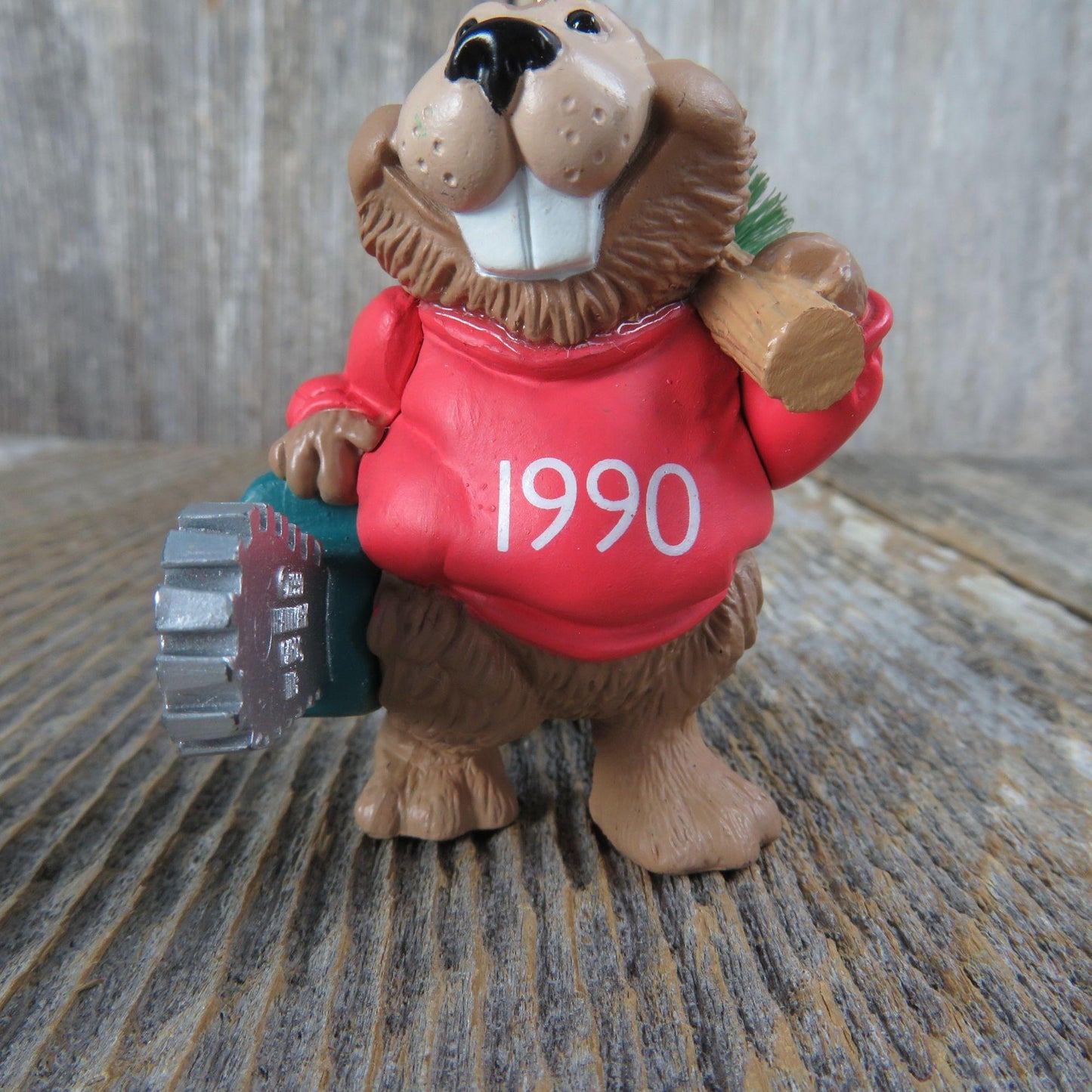 Vintage Beaver Happy Woodcutter Ornament Chainsaw Bottle Brush Tree Hallmark 1990