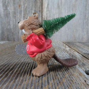 Vintage Beaver Happy Woodcutter Ornament Chainsaw Bottle Brush Tree Hallmark 1990