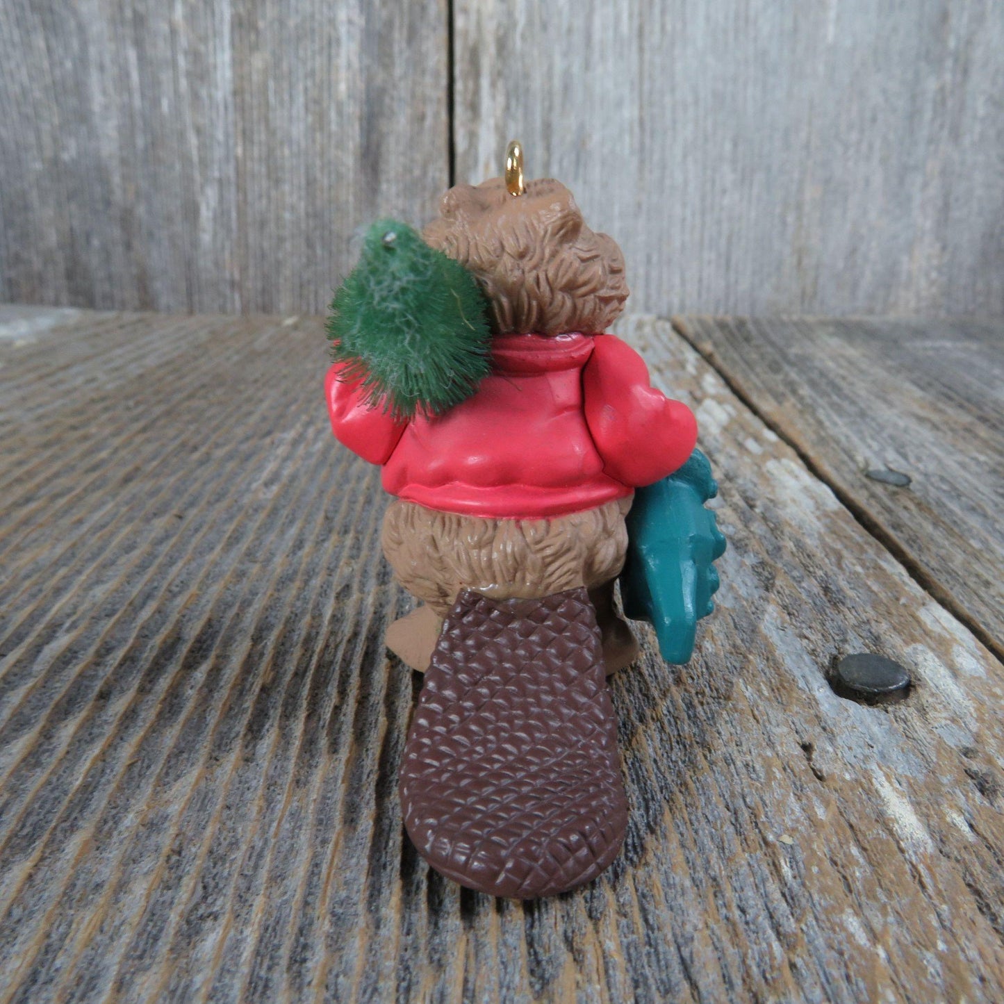 Vintage Beaver Happy Woodcutter Ornament Chainsaw Bottle Brush Tree Hallmark 1990