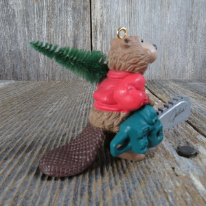 Vintage Beaver Happy Woodcutter Ornament Chainsaw Bottle Brush Tree Hallmark 1990
