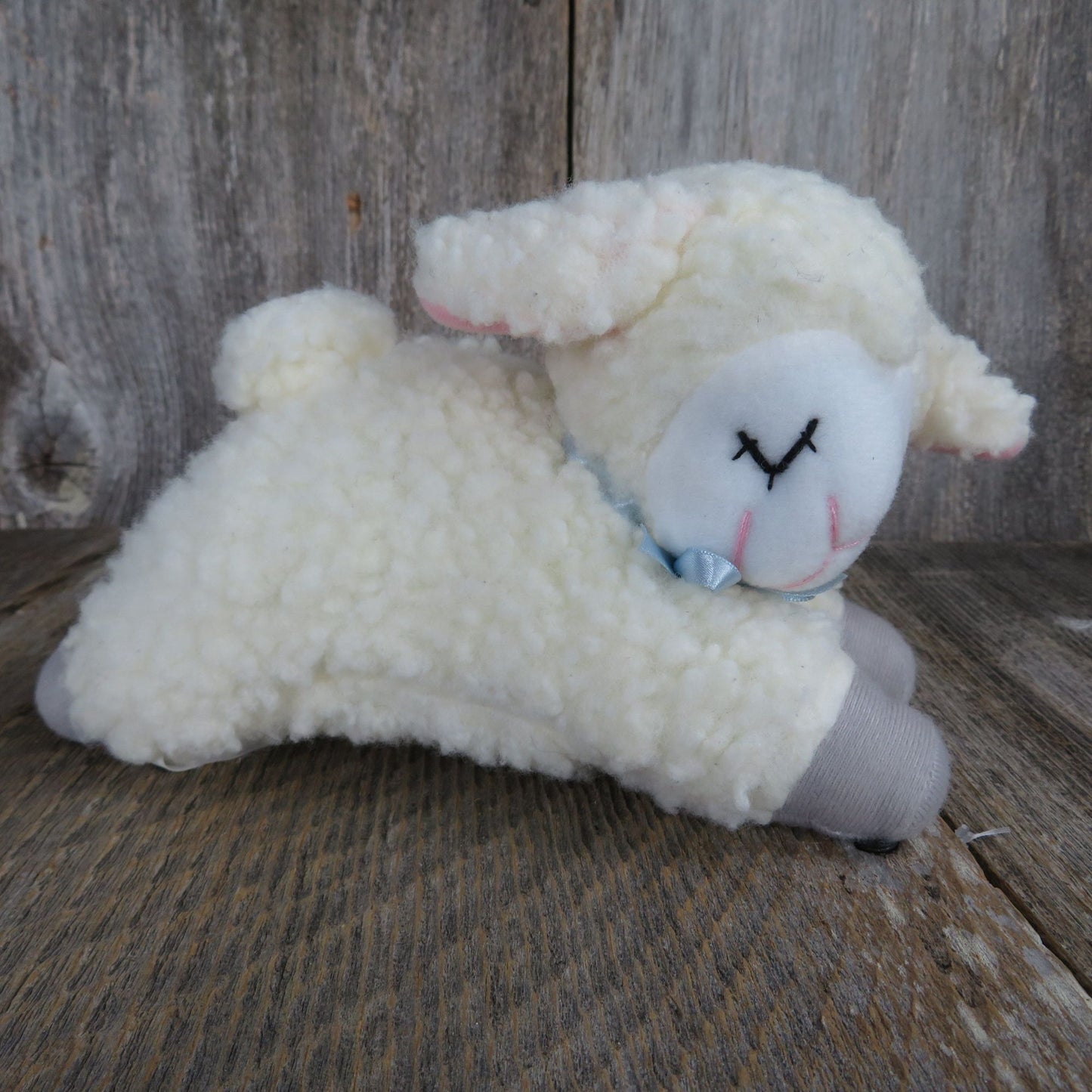 Vintage Sheep Plush Lamb Eyes Closed Gray Feet Baby Sherpa Easter Stuffed Animal 1988