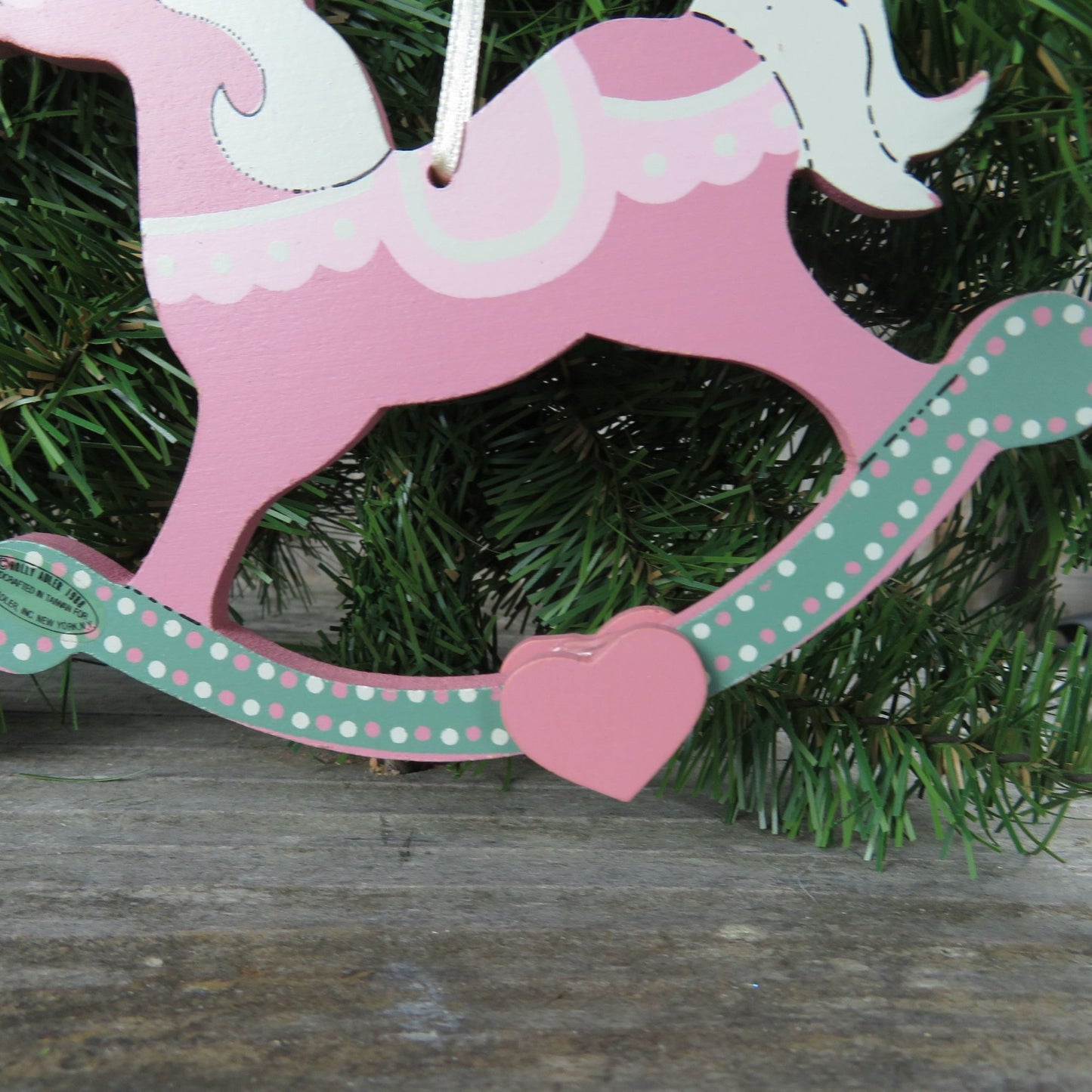 Vintage Pink Wooden Rocking Horse Ornament Fancy Painted Show Pony Green Holly Adler Kurt 1988