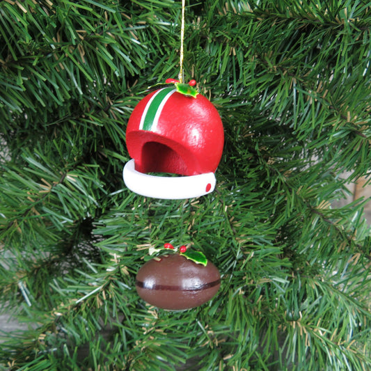 Vintage Wood Football and Helmet Ornament Wooden Sports Player Christmas Red Green