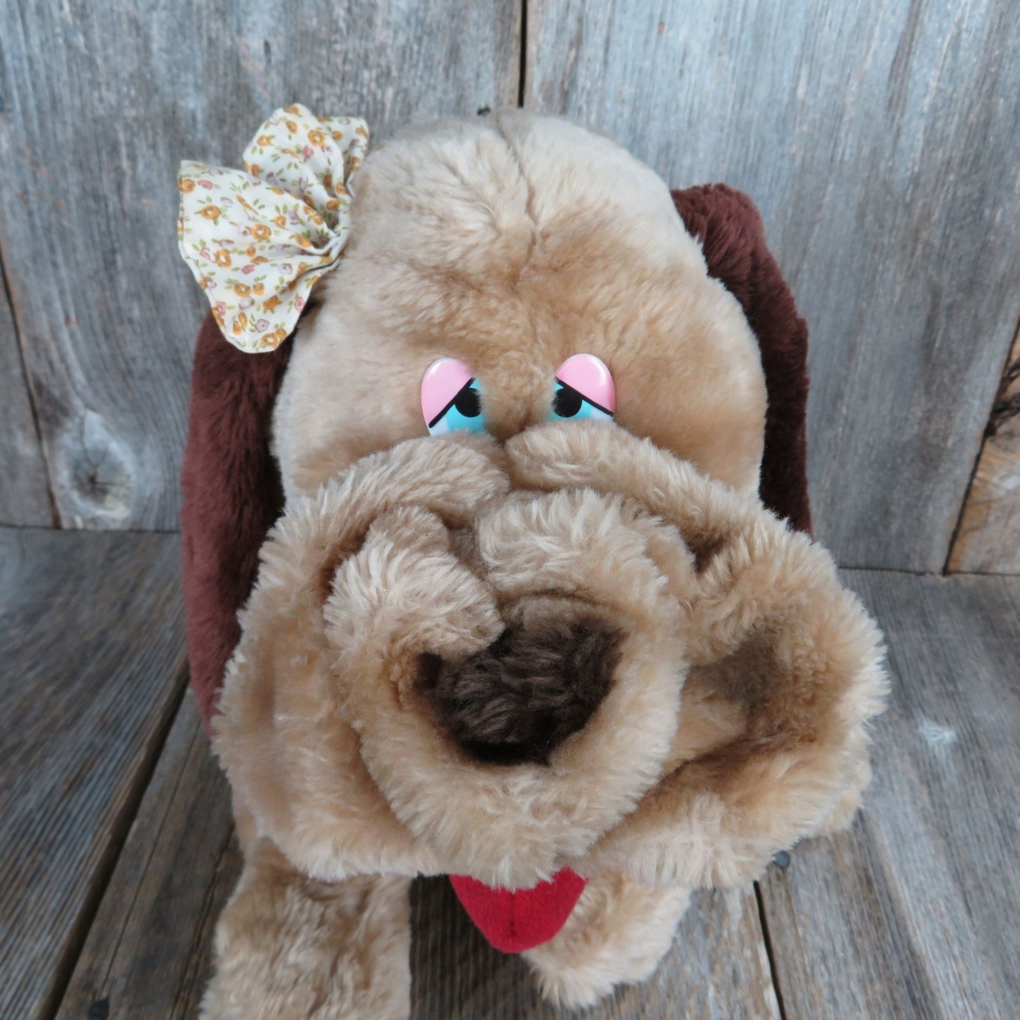 Vintage Brown Dog Plush Big Pink Mouth Plastic Pink and Blue Eyes Kaybee Toys Red Tongue Korea Kay Bee Stuffed Animal