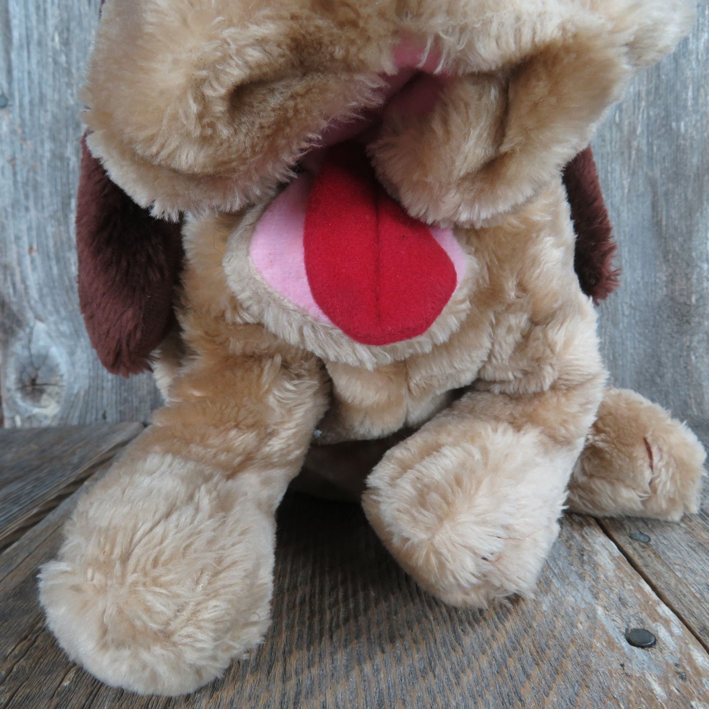 Vintage Brown Dog Plush Big Pink Mouth Plastic Pink and Blue Eyes Kaybee Toys Red Tongue Korea Kay Bee Stuffed Animal