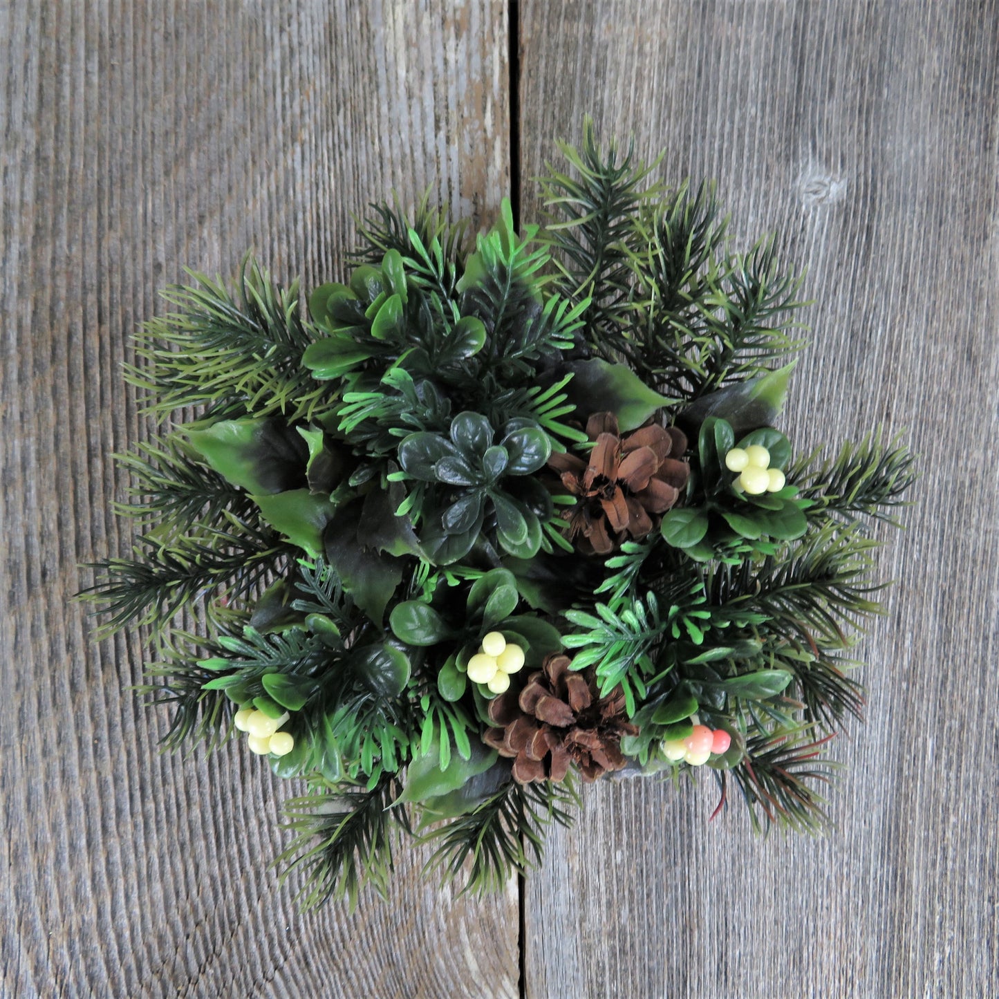 Vintage Greenery Candle Wreath Garland Christmas Plastic Holly Fir Pine Cone Berries Centerpiece