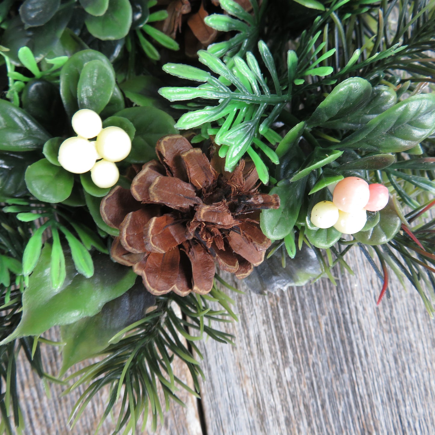Vintage Greenery Candle Wreath Garland Christmas Plastic Holly Fir Pine Cone Berries Centerpiece