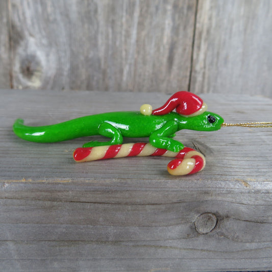 Vintage Lizard Ornament Gecko with Candy Cane and Santa Hat Clay Sculpted Christmas Ornament