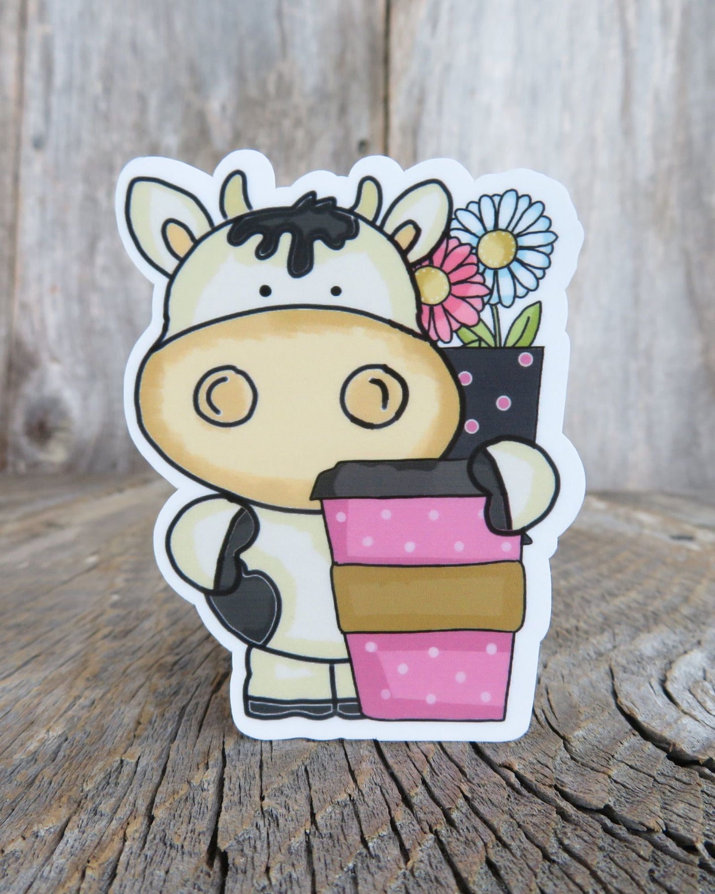 Cow with To Go Cup Sticker Waterproof Pink Coffee Lover Travel Mug Full Color Sticker Tea Drinker