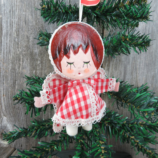 Vintage Gingham Angel Christmas Ornament Velvet Flocked Red White Plaid Fabric Painted Face Made in Japan