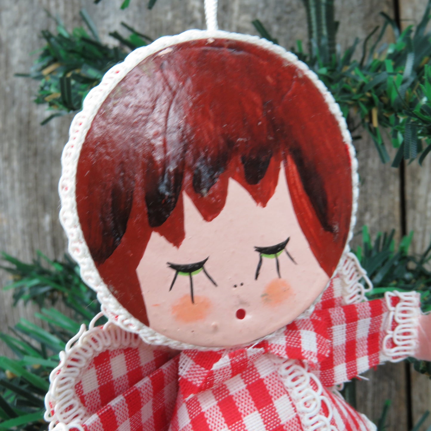 Vintage Gingham Angel Christmas Ornament Velvet Flocked Red White Plaid Fabric Painted Face Made in Japan