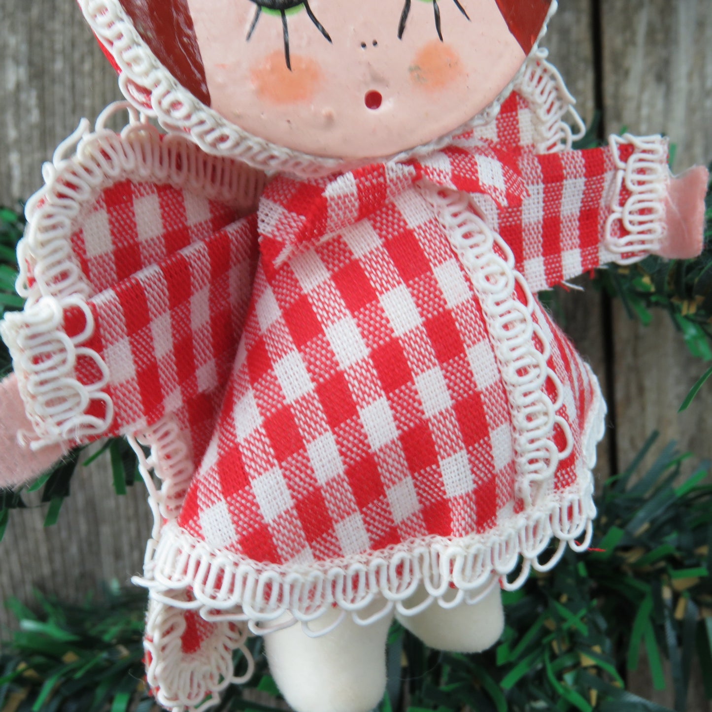 Vintage Gingham Angel Christmas Ornament Velvet Flocked Red White Plaid Fabric Painted Face Made in Japan