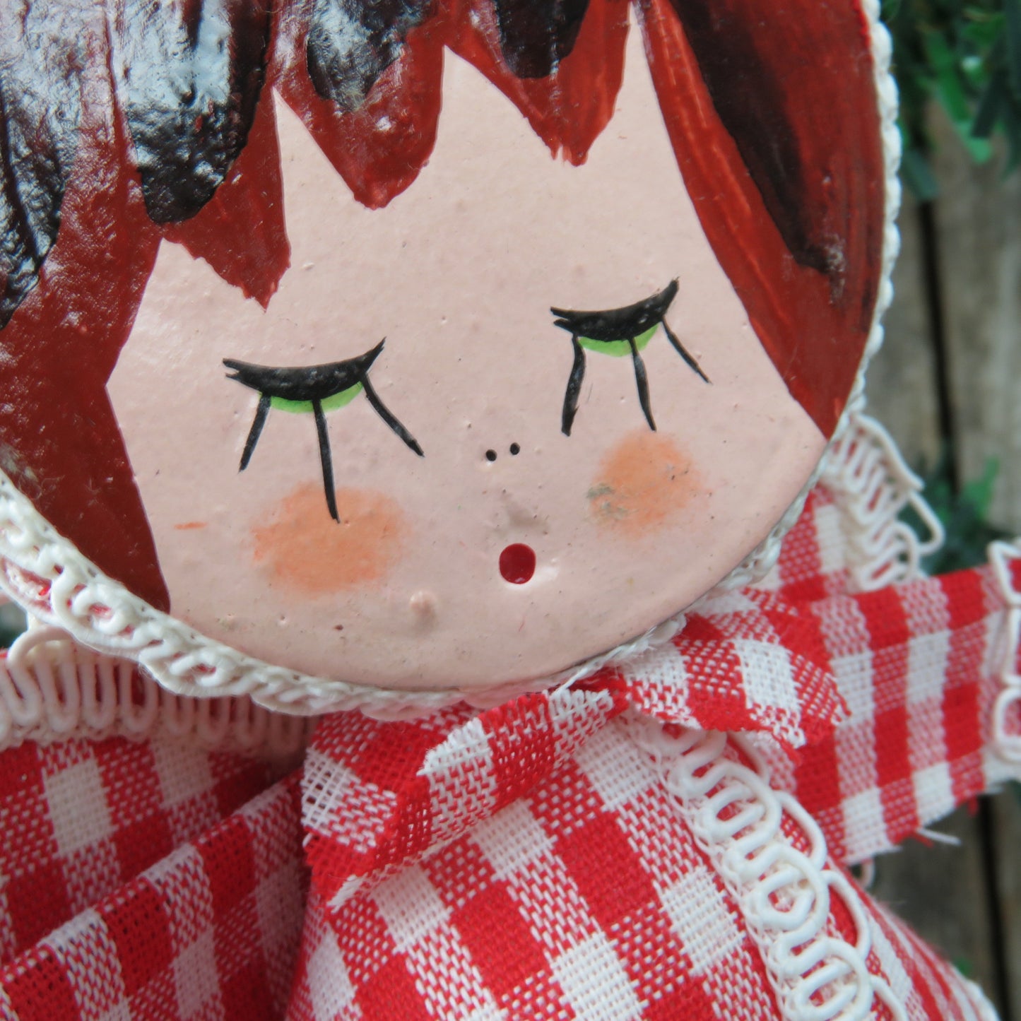 Vintage Gingham Angel Christmas Ornament Velvet Flocked Red White Plaid Fabric Painted Face Made in Japan