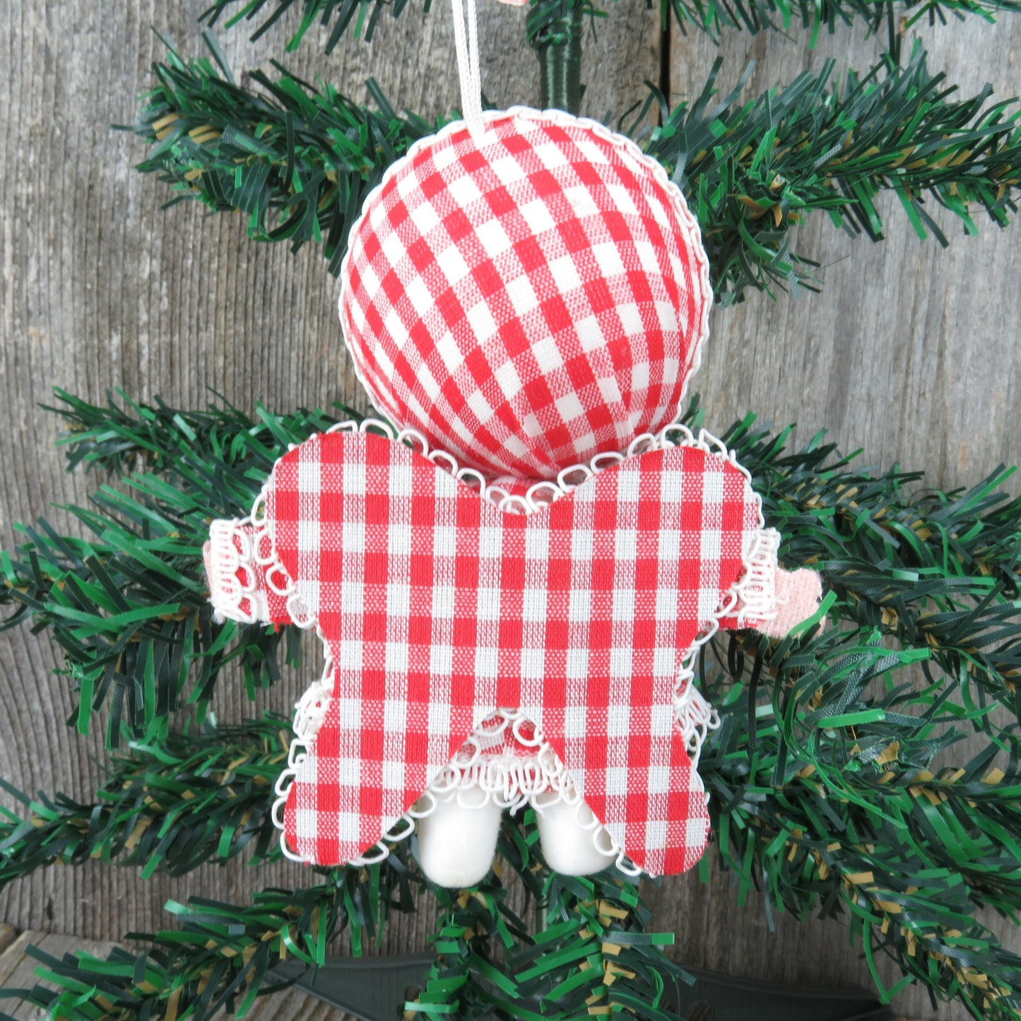 Vintage Gingham Angel Christmas Ornament Velvet Flocked Red White Plaid Fabric Painted Face Made in Japan