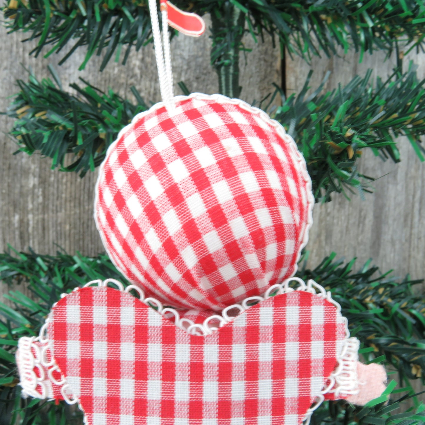 Vintage Gingham Angel Christmas Ornament Velvet Flocked Red White Plaid Fabric Painted Face Made in Japan