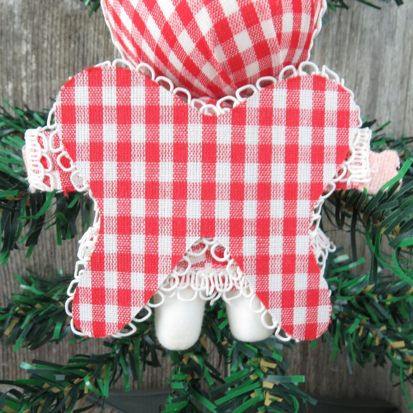 Vintage Gingham Angel Christmas Ornament Velvet Flocked Red White Plaid Fabric Painted Face Made in Japan