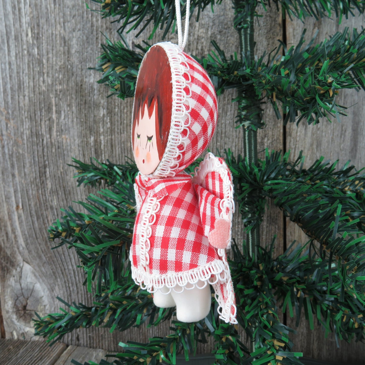 Vintage Gingham Angel Christmas Ornament Velvet Flocked Red White Plaid Fabric Painted Face Made in Japan