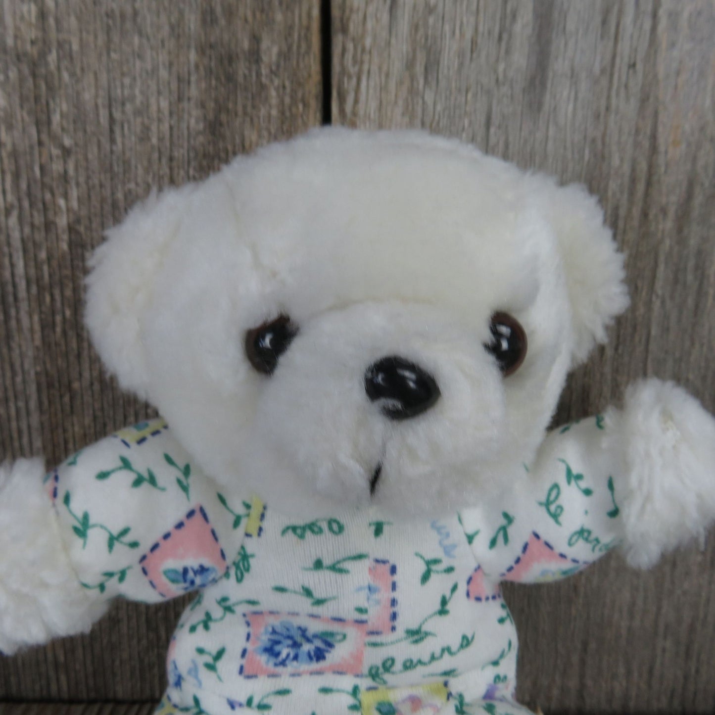 Vintage Mini Bear Plush White with Floral Fabric Body Blue Pink Flowers Stuffed Animal