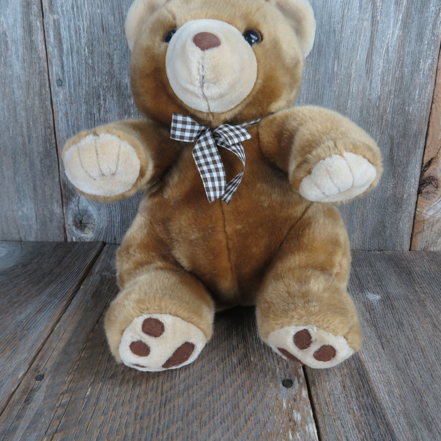 Teddy Bear Plush Stuffed Animal Flocked Nose Plaid Gingham Bow Vintage