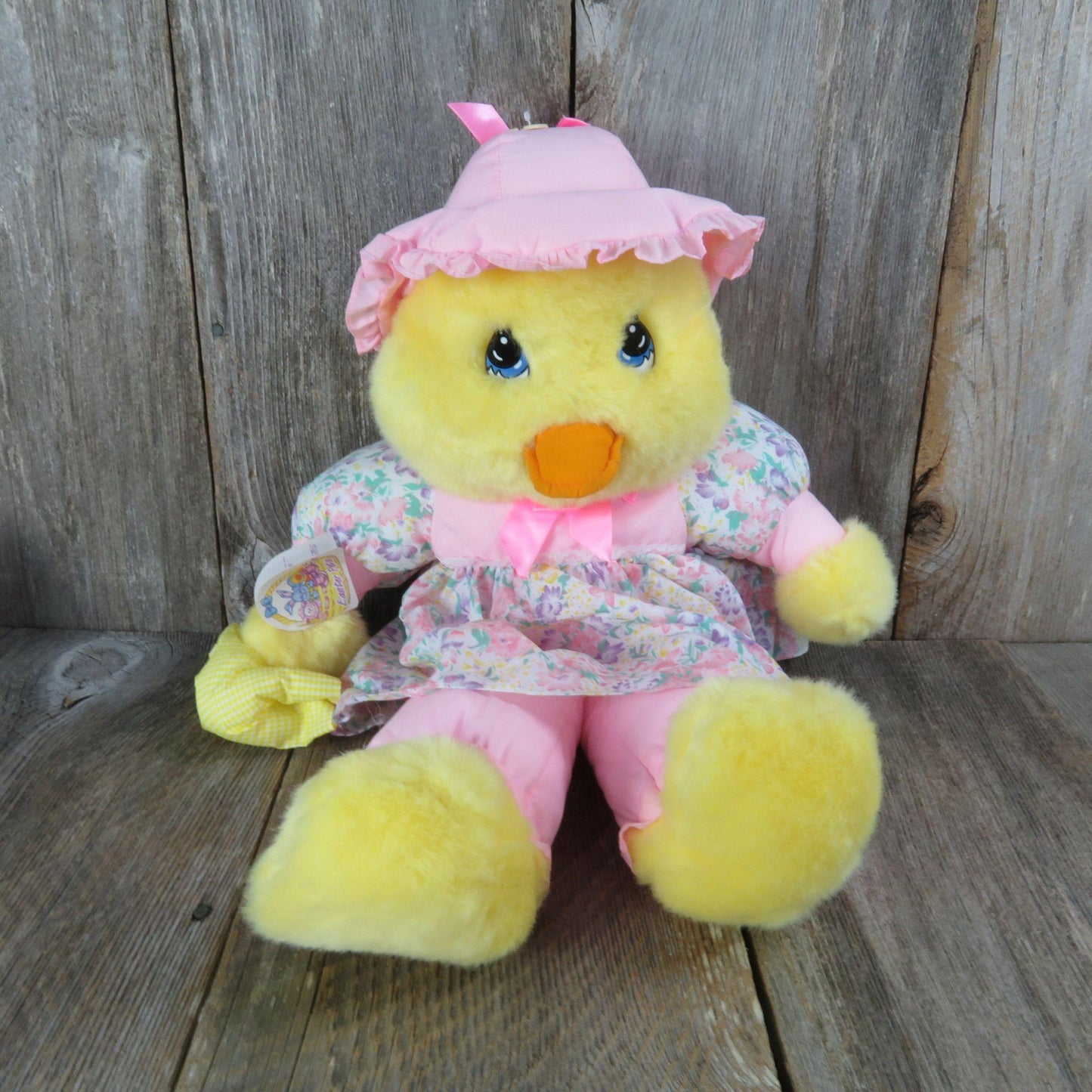 Vintage Duck Duckling Plush Chick Chicken Fabric Body Easter Bonnet Flower Dress Stuffed Animal Well Made 1995