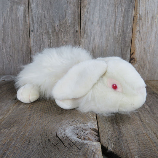 Vintage White Rabbit Plush Pink Red Eyes Chrisha Playful Plush Laying Easter Bunny Stuffed Animal 1988
